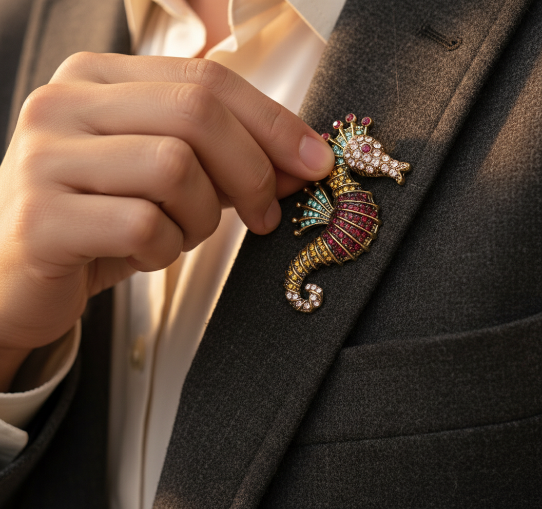 Vibrant Seahorse Crystal Brooch - Antique Gold Marine Inspired Statement Pin