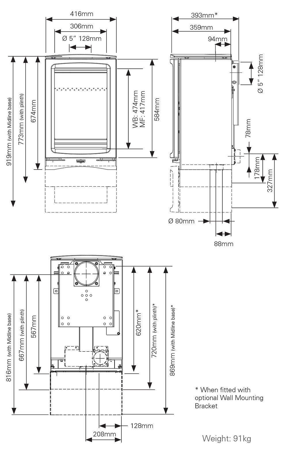Thumbnail: Stovax Vogue Midi T Wall Hung Wood Burning & Multi-fuel Stove