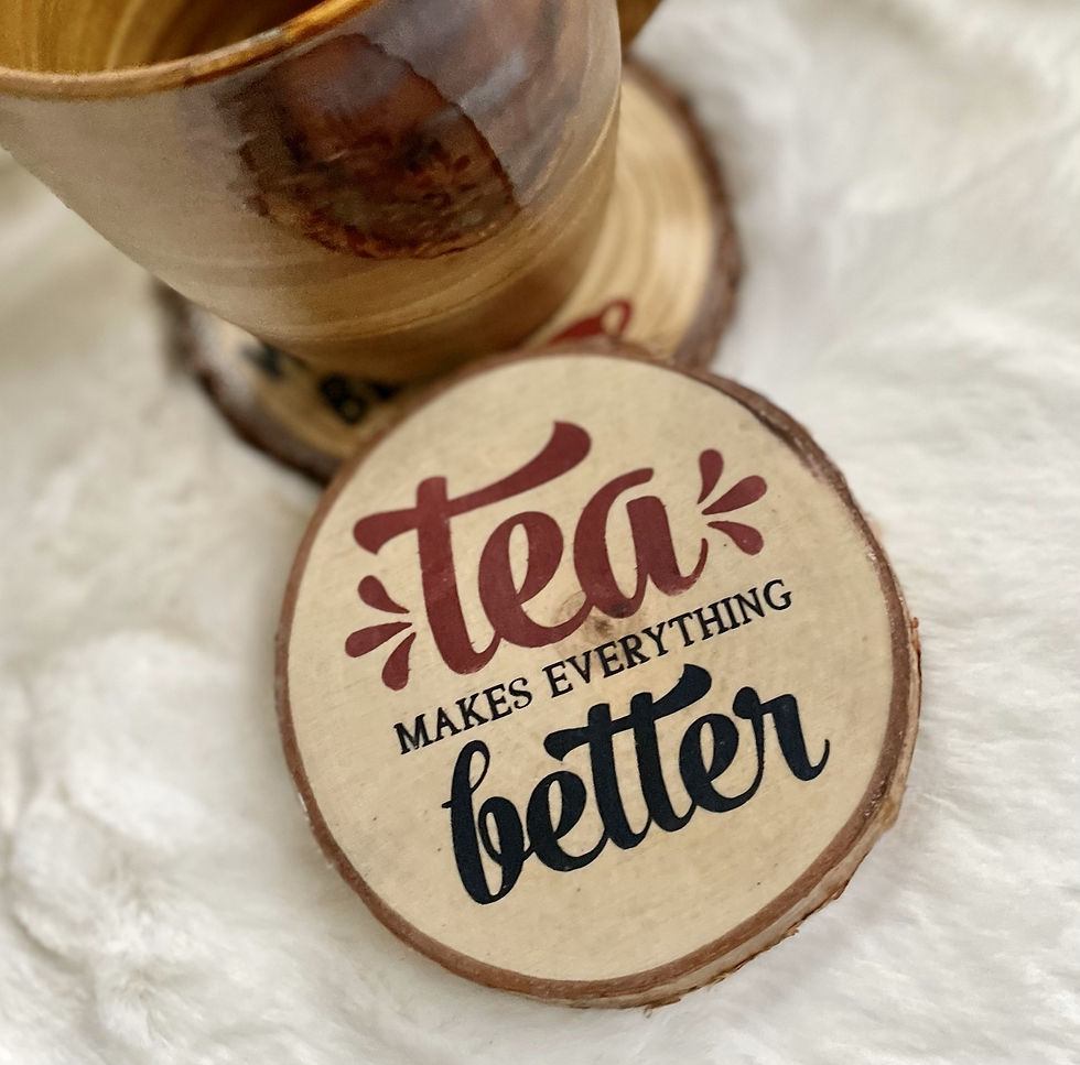 Thumbnail: tea themed wood slice coasters