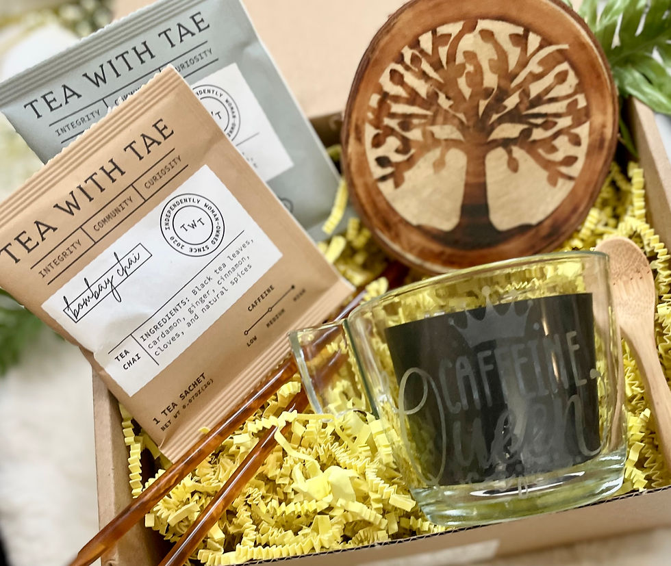 Thumbnail: Cozy care package with tea, coaster, honey sticks, wood spoon, and hand etched glass cup