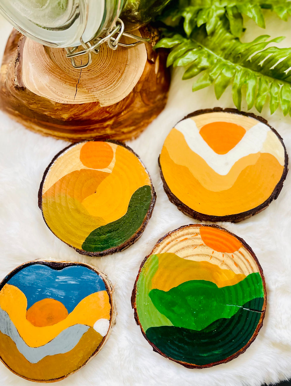 Thumbnail: sunrise-sunset themed wood coaster sets