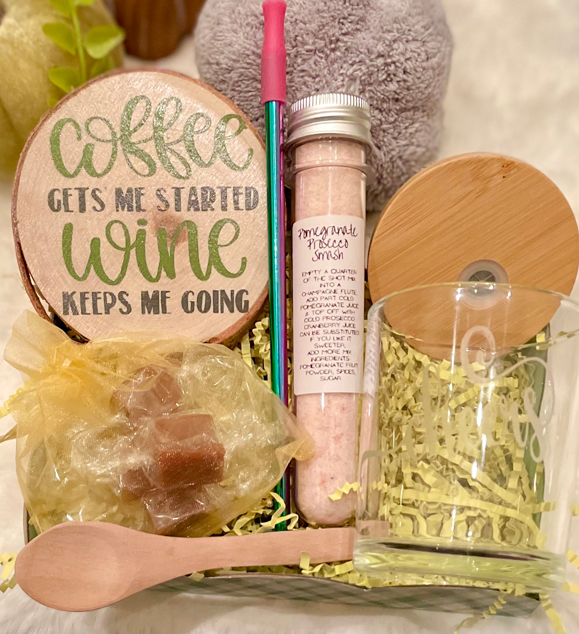 cocktail gift set with etched glass, wooden coaster, and drink shot