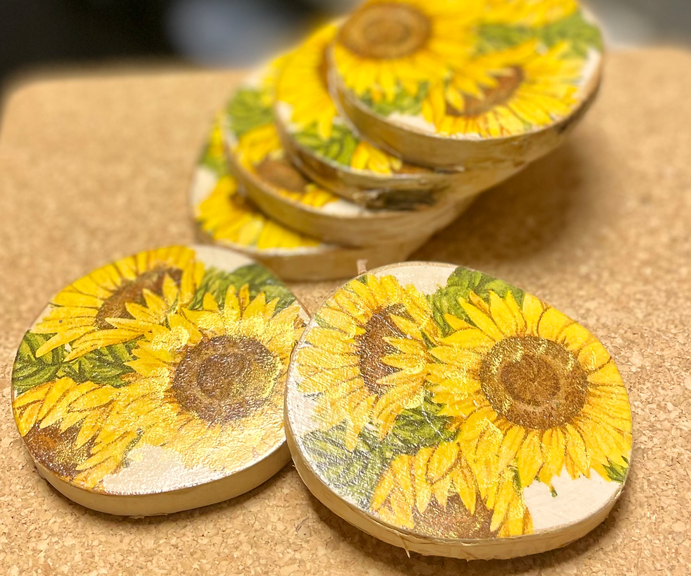 Thumbnail: Wood Slice Sunflower Coaster Sets, Natural Edge Rustic Floral Decor