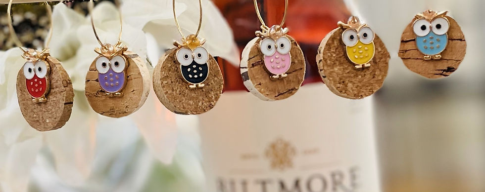 Thumbnail: enamel owl themed wine glass charm sets with cork slices for personalization
