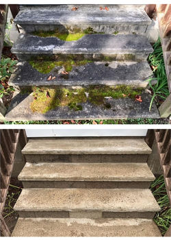 Before and after of dirty, mossy steps and below freshly clean.