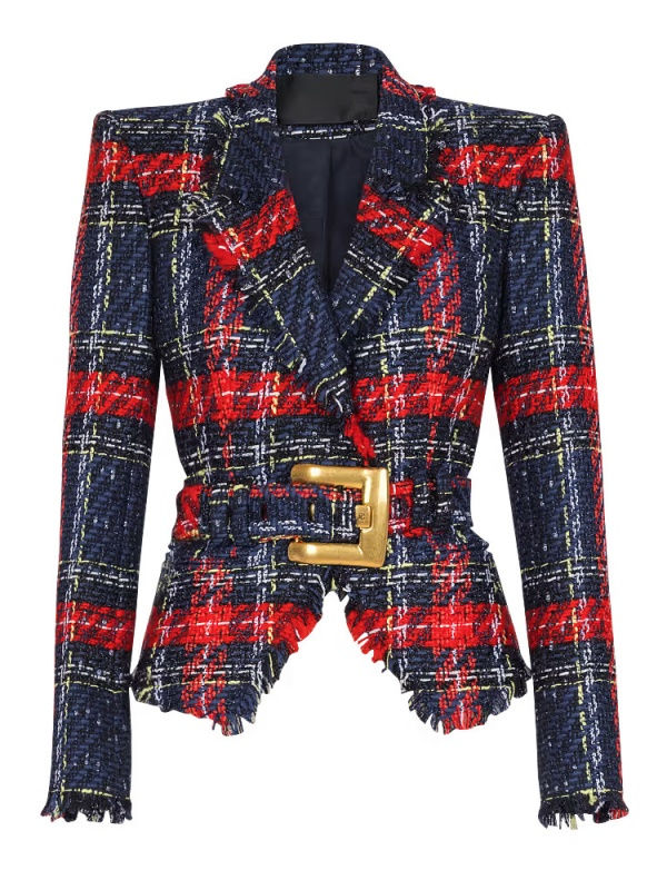 luxury plaid tweed belted blazer