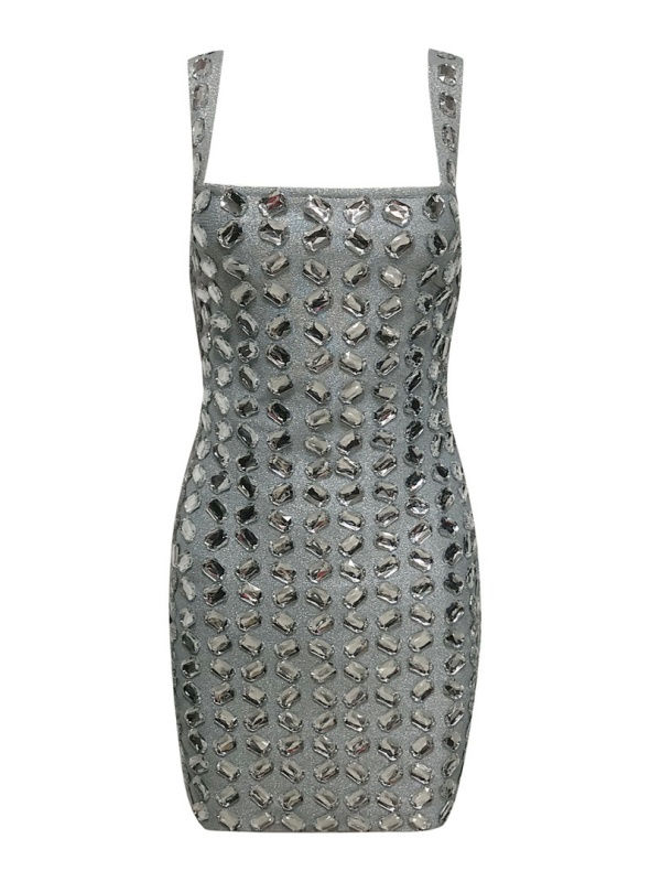 Thumbnail: Crystal-Embellished Silver Bodycon Mini Dress