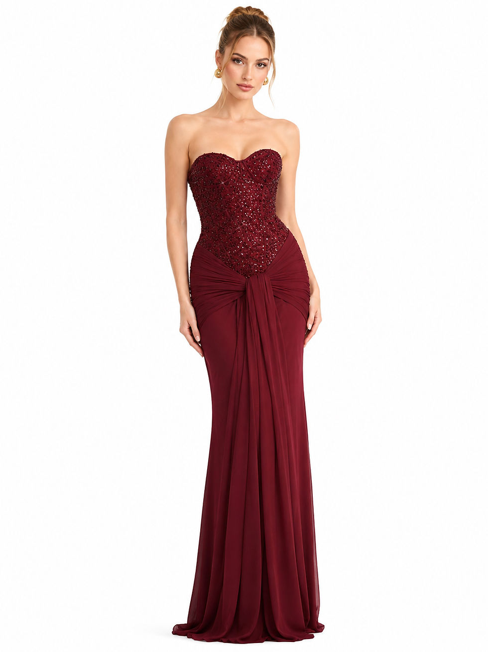 Thumbnail: Bordeaux Crystal Corset Evening Gown