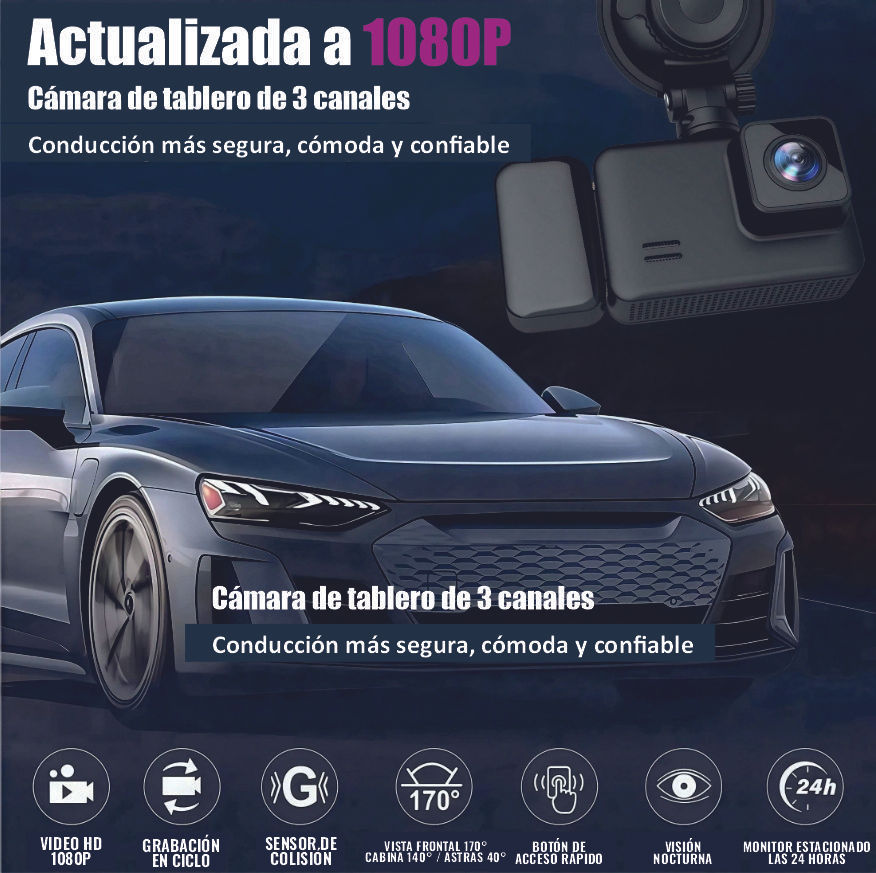 Miniatura: Cámara triple para parabrisas de auto de 1080P
