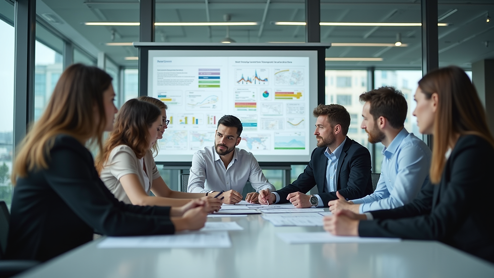 Eye-level view of a business team discussing workflow charts in a modern office