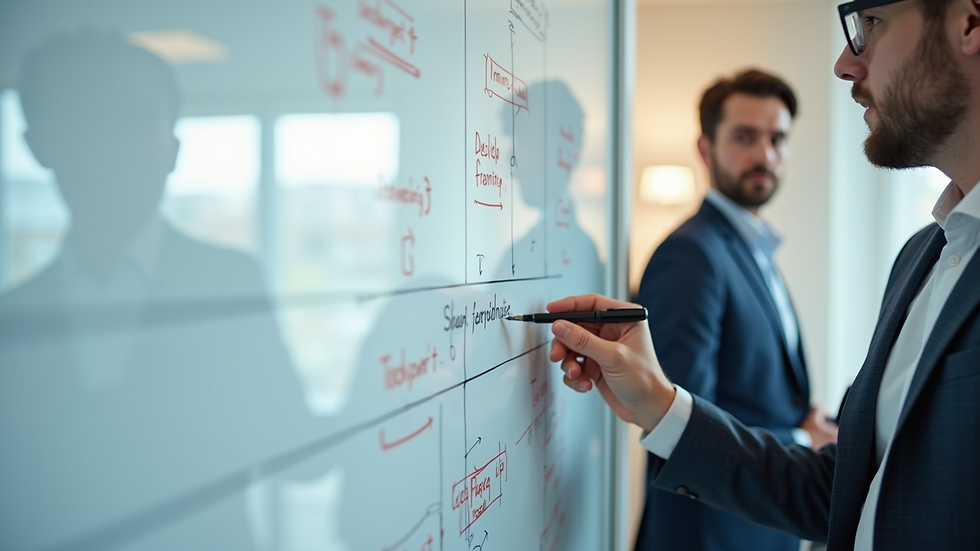 Close-up view of a consultant presenting organizational design strategy on a whiteboard