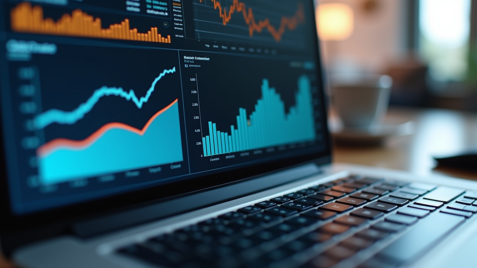 Close-up view of a laptop screen showing digital marketing analytics and graphs