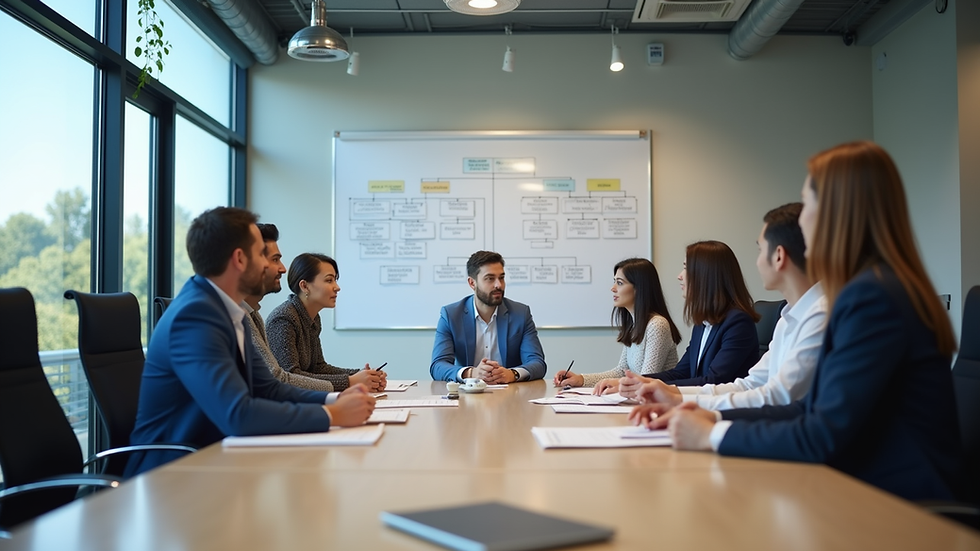 Eye-level view of a modern office meeting room with a team discussing organizational charts
