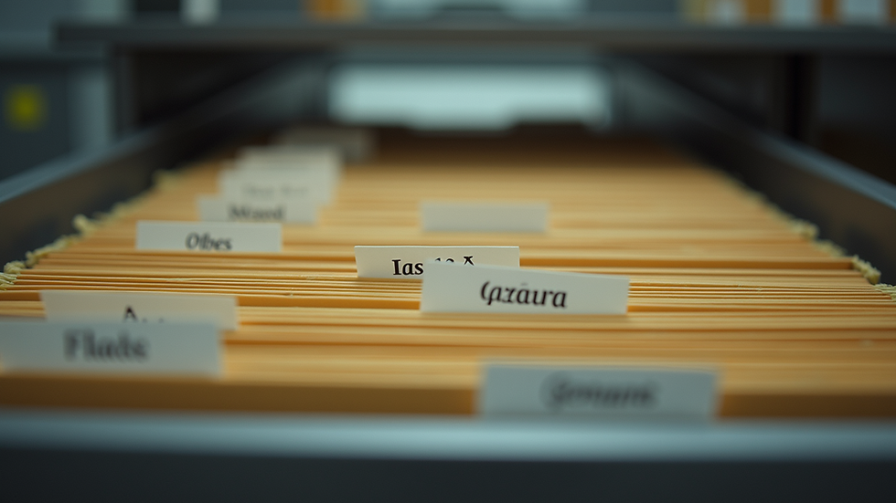 Eye-level view of a well-organized filing cabinet filled with neatly labeled folders