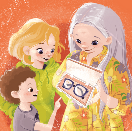 Forsíðumynd af Ráðgátugleraugunum, barnabók eftir Kristínu Björgu Sigurvinsdóttur // Children's book cover "The Mystery Glasses" 