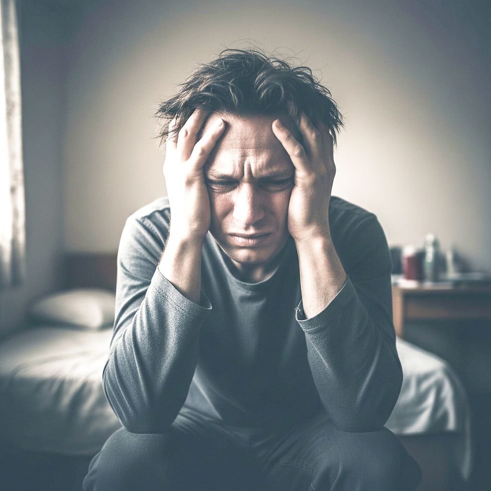 Uomo che tiene la testa tra le mani per emicrania