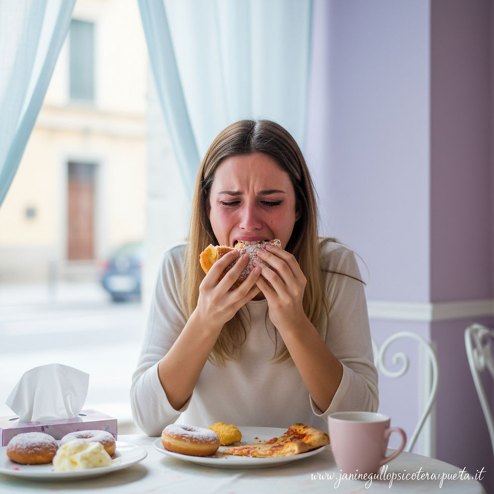 abbuffate, disturbi alimentari, una donna che pinge mentre si abbuffa, comportamento autosabotante