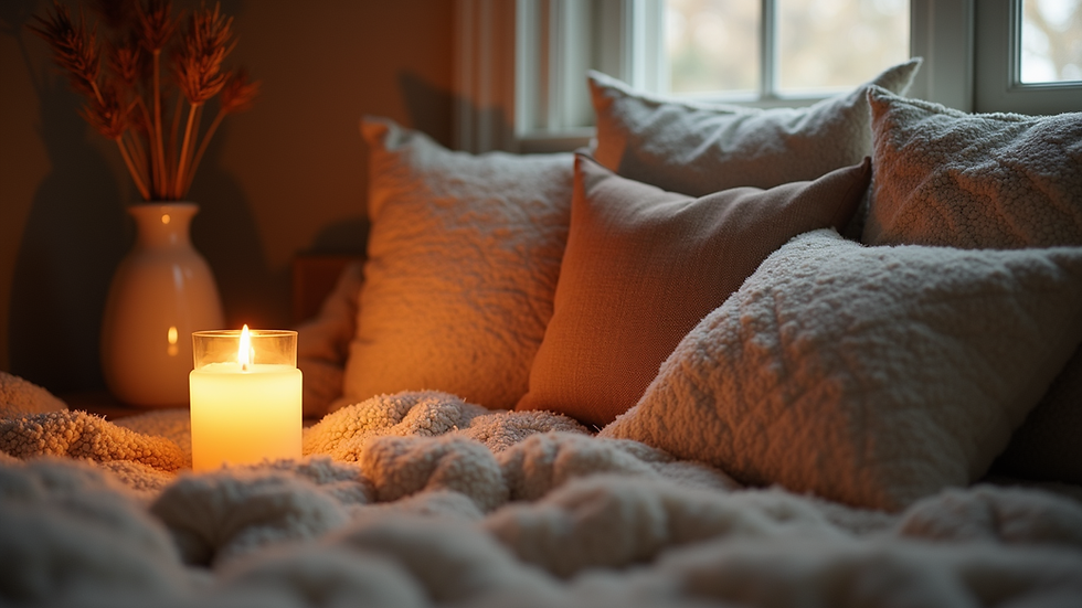 Eye-level view of a cozy corner with soft cushions and a lit candle