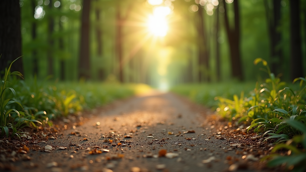 Close-up view of a calm forest path with soft sunlight