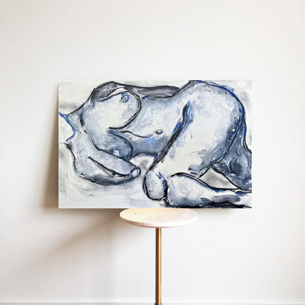 Thumbnail: Contemporary blue figurative painting depicting a woman at rest.
