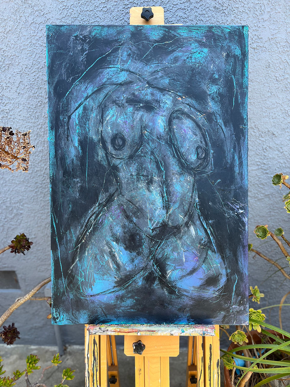 Thumbnail: Blue abstract figurative woman torso painting exploring strength and feminine presence on a canvas stand outside