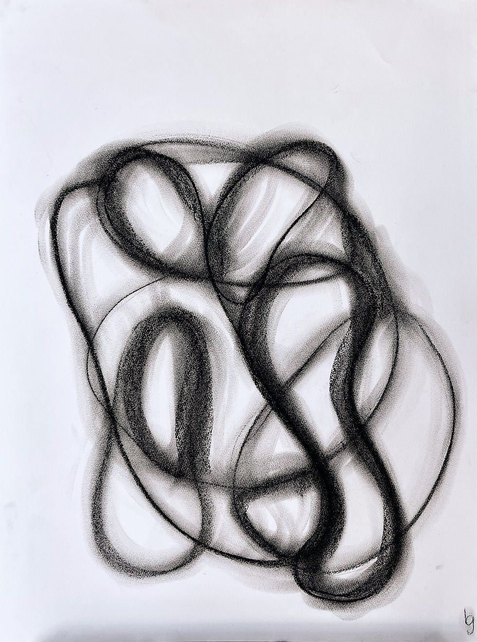 Line drawing of bubbles or spheres in black charcoal on 24x18inch paper.