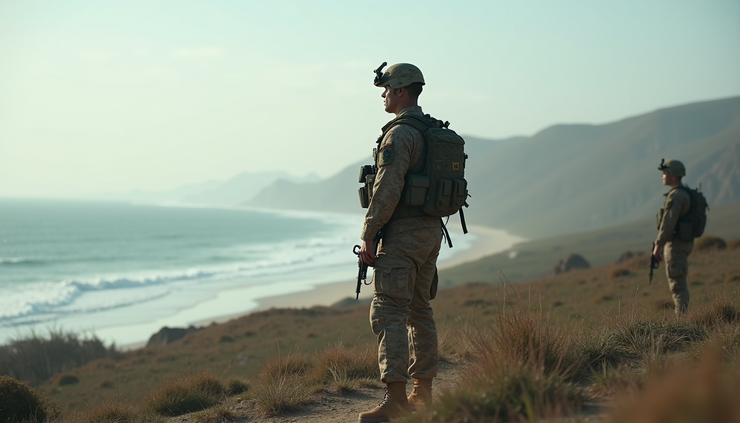 Eye-level view of a Marine Recon veteran standing at attention overlooking a coastal training area
