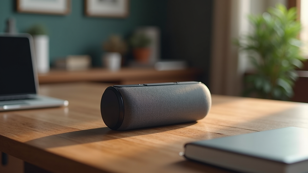 High angle view of a modern smart speaker on a wooden table
