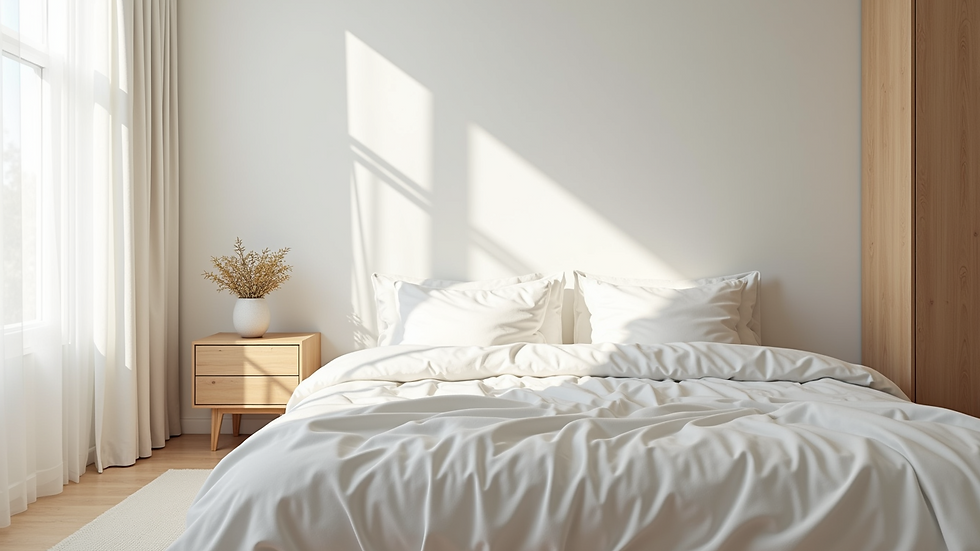 Eye-level view of a bright and airy bedroom with minimalist decor