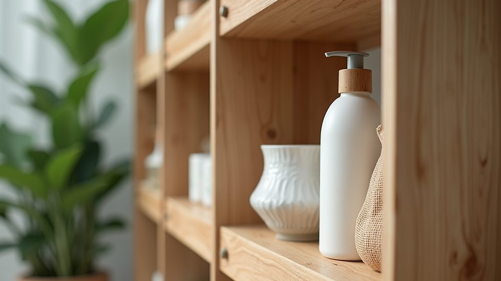 Eye-level view of a wooden shelf with eco-friendly home products
