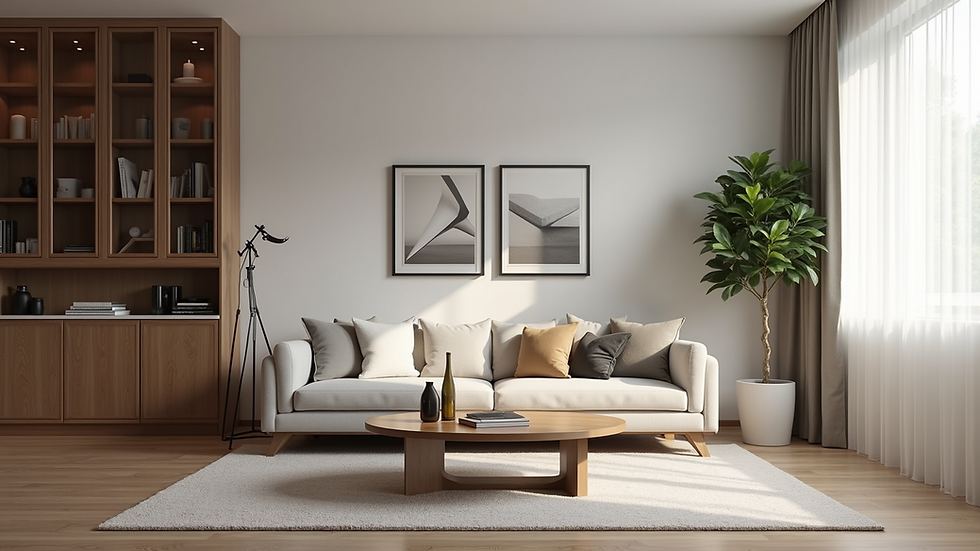 Eye-level view of a modern living room with a stylish sofa and coffee table