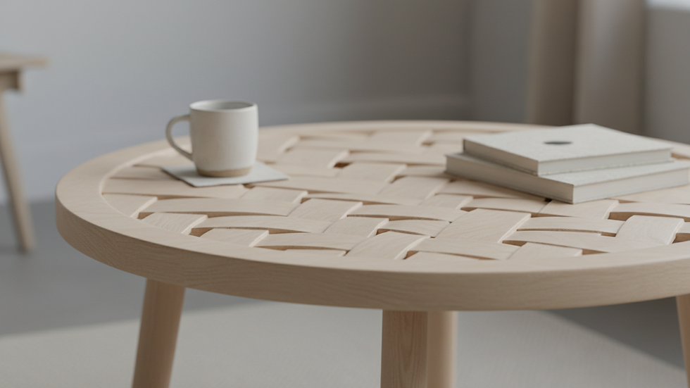 Close-up view of a handcrafted wooden coffee table with intricate detailing