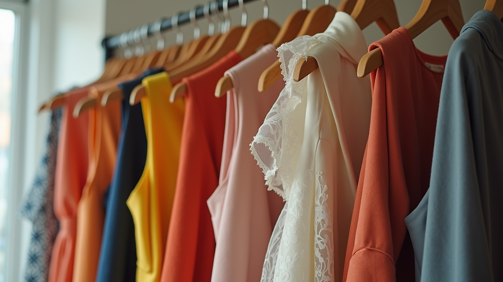 Close-up view of a rack of dresses in various sizes and styles