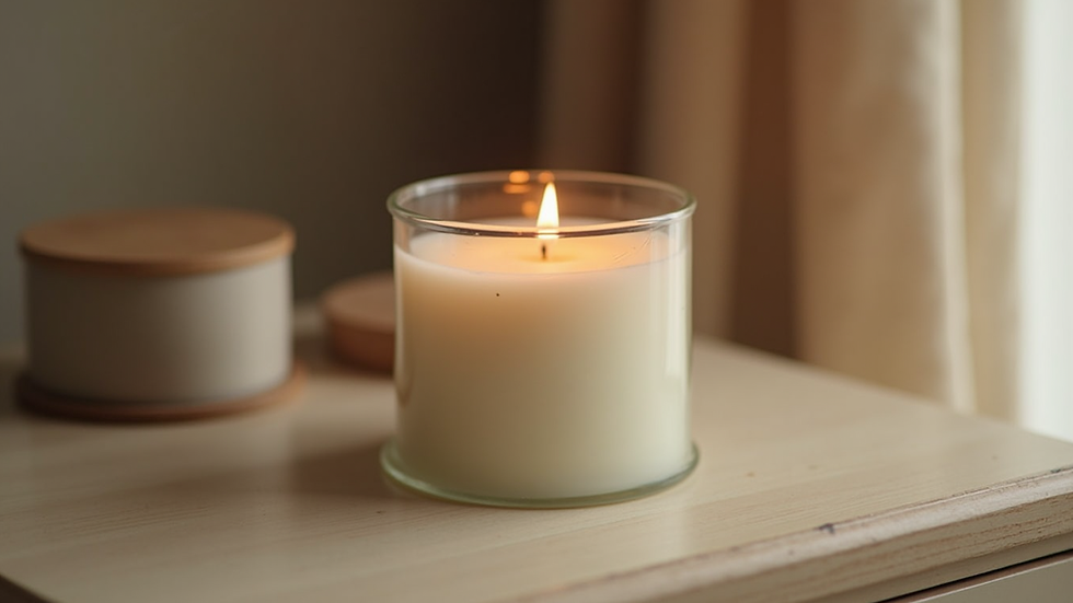 Close-up view of a hand-poured soy candle with a wooden lid on a bedside table