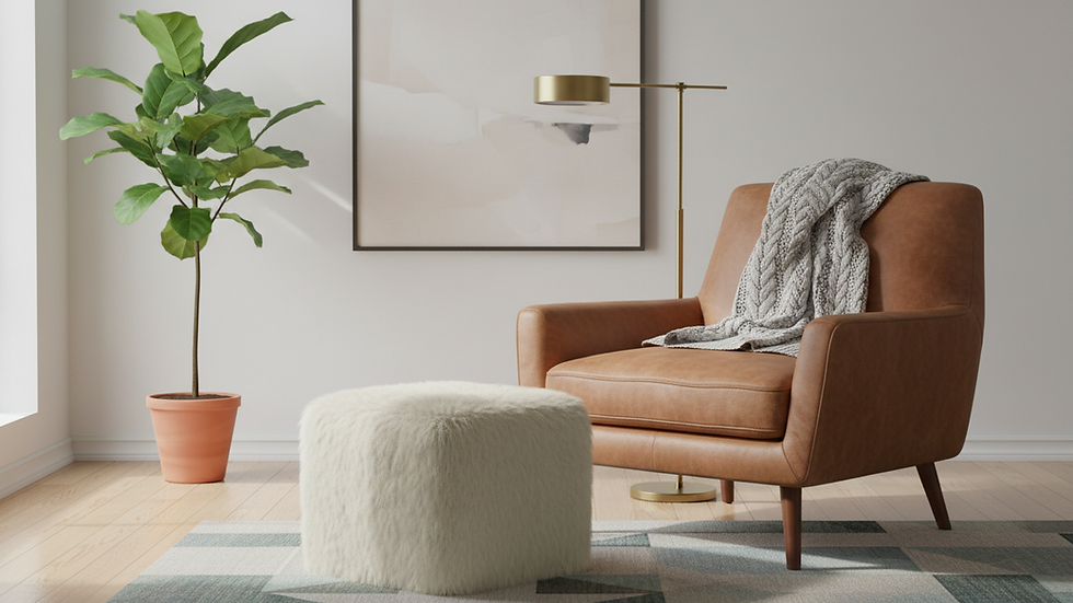 Eye-level view of a faux fur footstool next to a leather armchair with a knitted throw