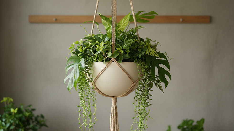 Close-up of a hanging ceramic planter with lush green foliage