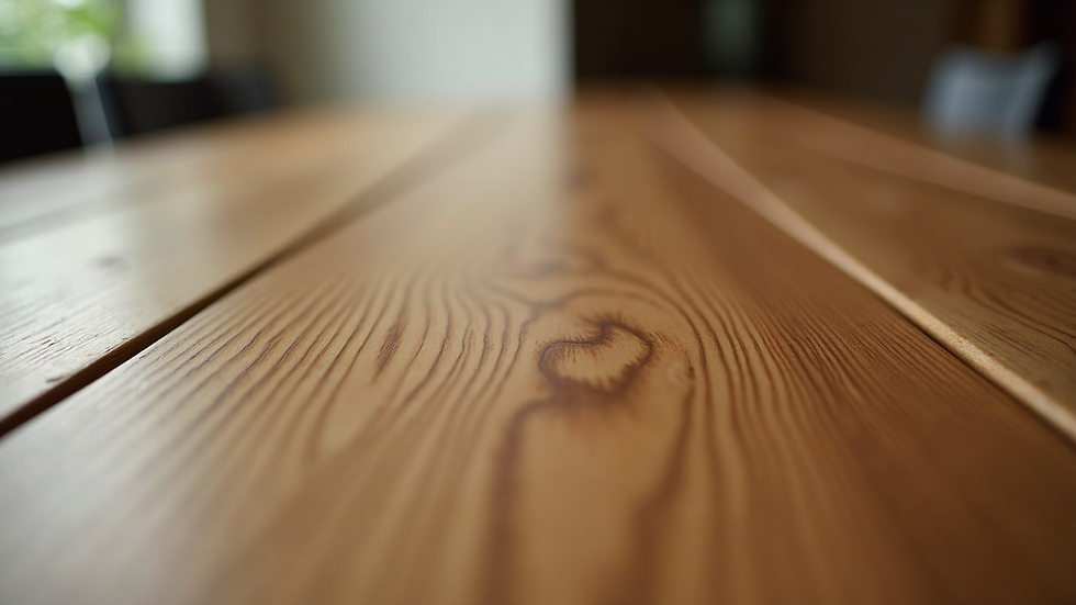 Close-up view of a wooden dining table with intricate grain patterns