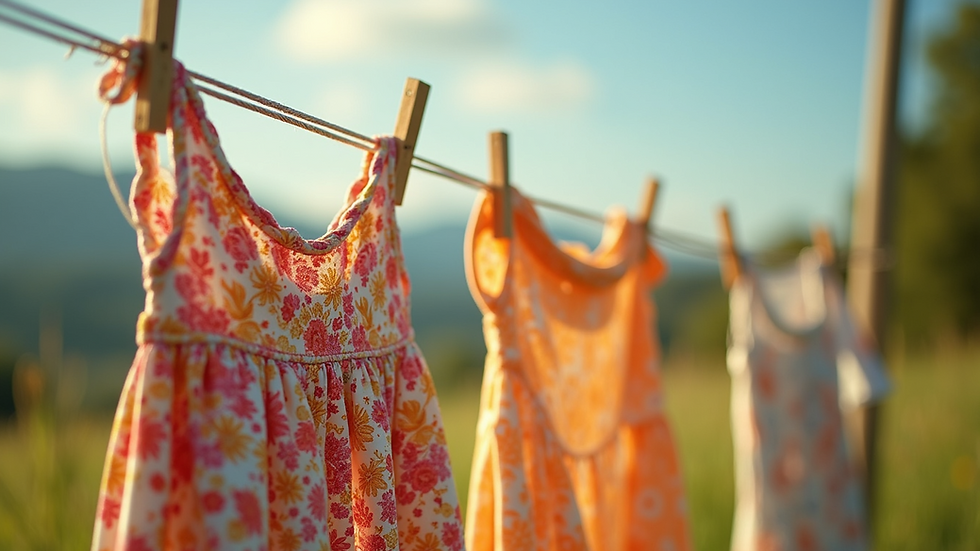 Close-up view of a colorful floral sundress hanging on a clothesline