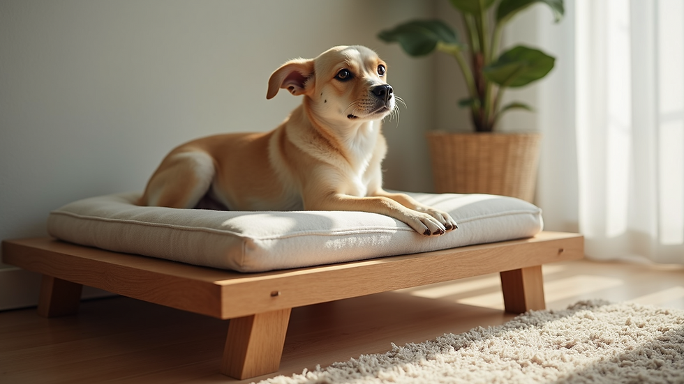 Eye-level view of a modern wooden elevated pet bed with a plush cushion
