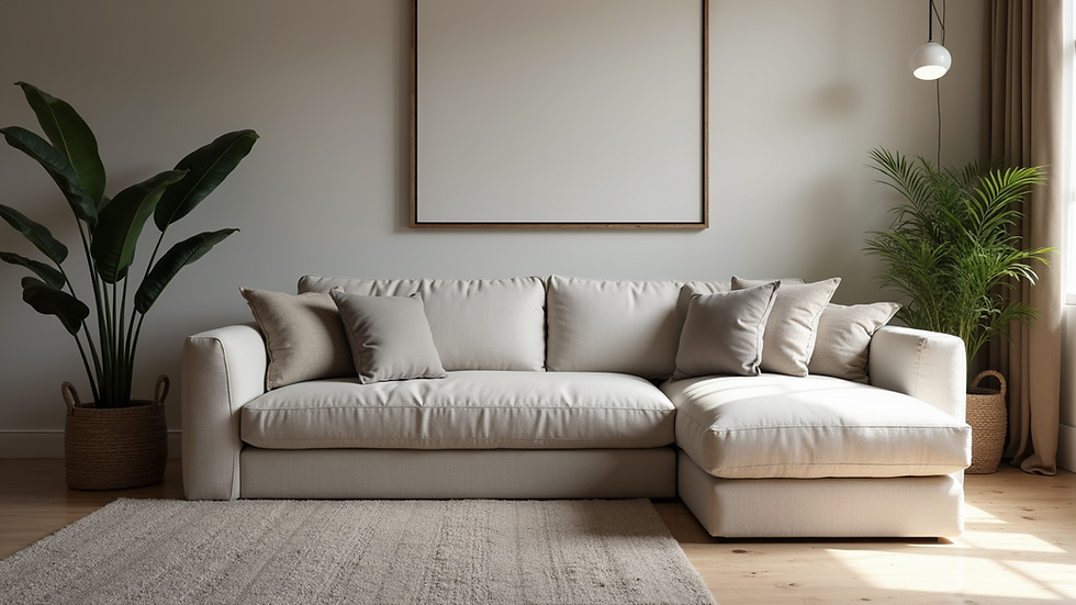 Eye-level view of a modern living room with a sofa bed and storage ottoman