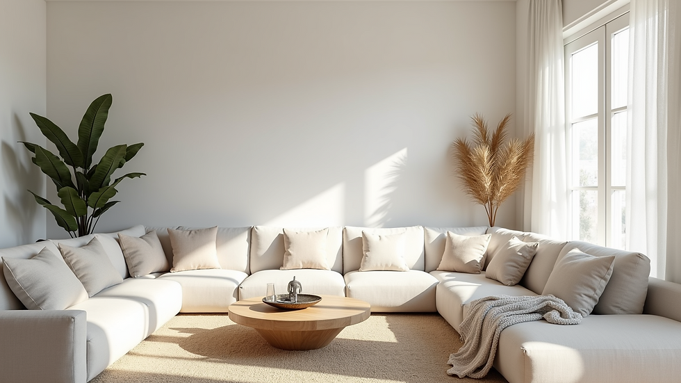 Wide angle view of a bright coastal style living room with white walls and natural textures