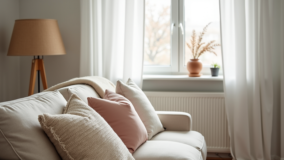 Eye-level view of a cosy living room with cushions and a throw blanket on a sofa