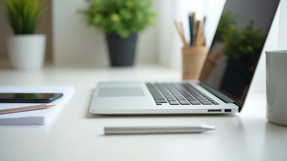 Close-up view of a neat home office desk with a laptop, plant, and stationery