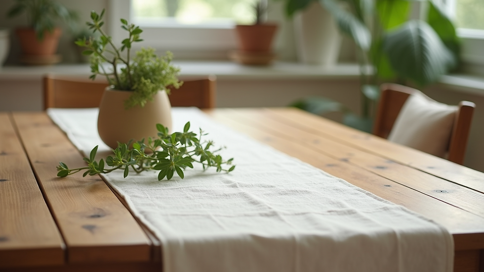 Close-up view of a sustainable wooden dining table with organic cotton table runner