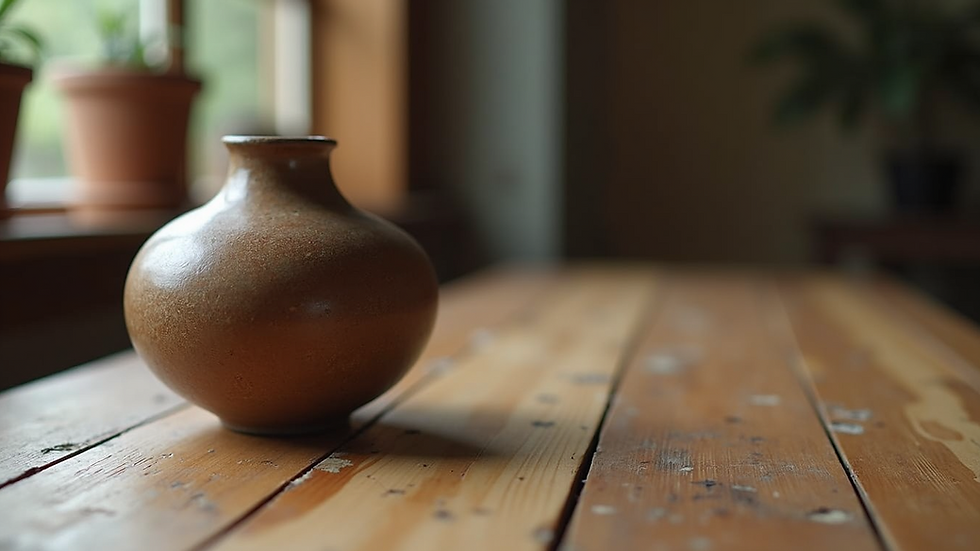 Eye-level view of a rustic ceramic vase on a wooden table