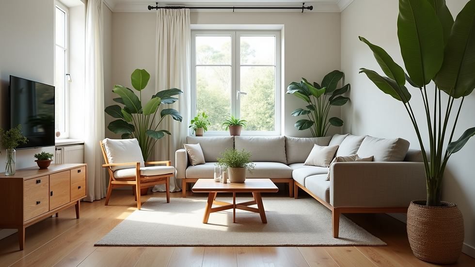 Eye-level view of a living room with sustainable wooden furniture and indoor plants