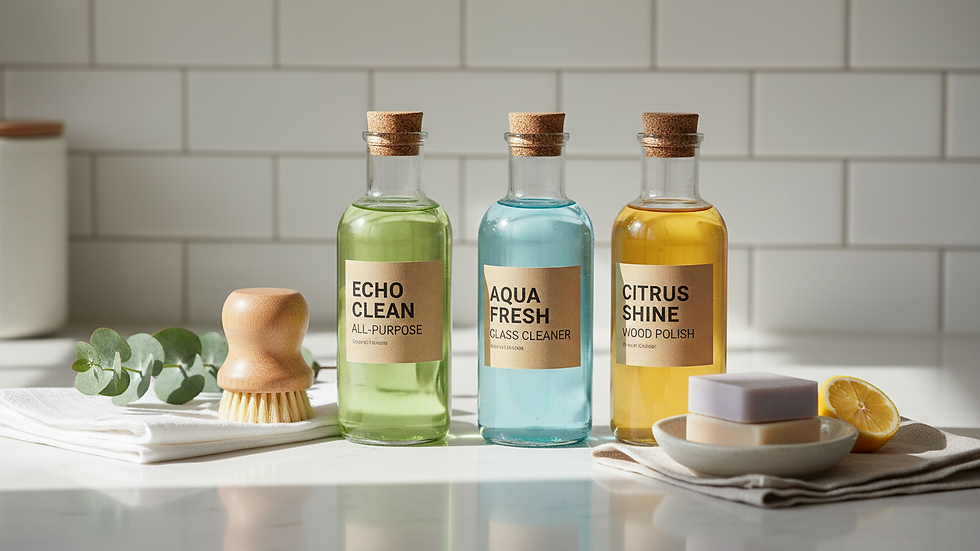 Close-up of eco-friendly cleaning products on a kitchen counter