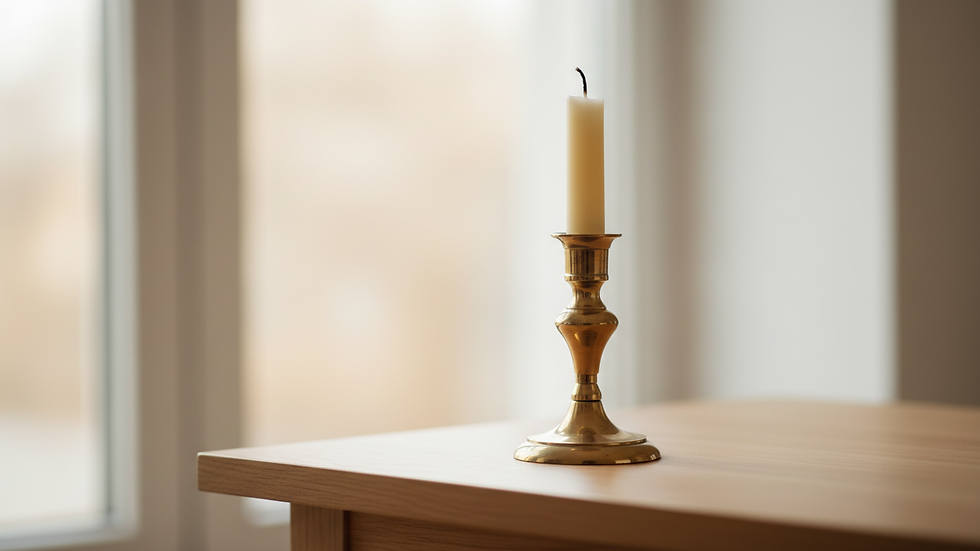 Close-up view of a vintage brass candlestick on a wooden side table