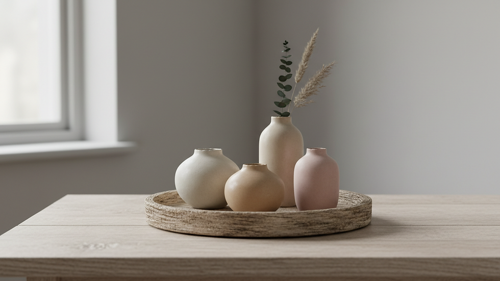 Eye-level view of a rustic wooden tray with ceramic vases on a wooden table