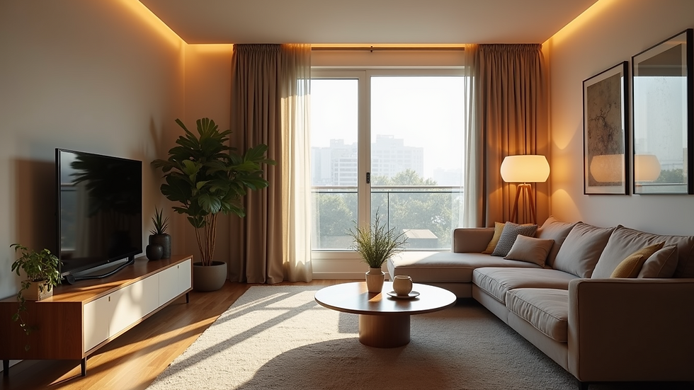 Eye-level view of a modern living room with energy-efficient lighting